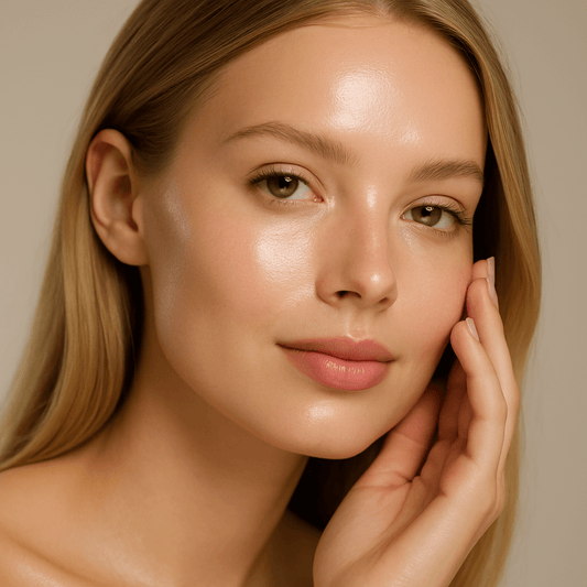 Close-up of a woman showcasing radiant glass skin, representing the effects of RIMAN Skincare K-Beauty products.