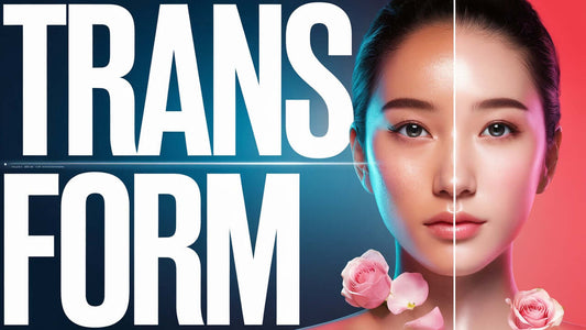 Close-up of a woman showcasing a skincare transformation with roses, emphasizing the word 'TRANSFORM'.