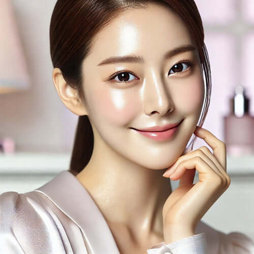 Smiling woman with radiant glass skin showcasing the effects of Korean skincare routine.