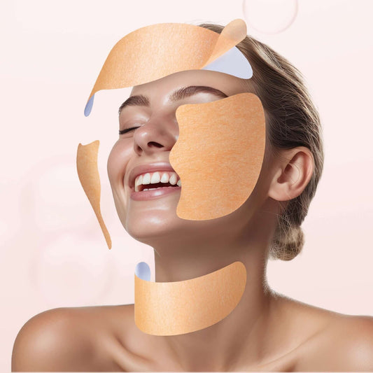 Woman smiling with Riman Incellderm Collagen Melting Sheet Mask pieces on her face, showcasing glowing skin.