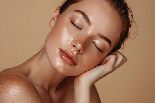 Close-up of a young woman with glowing skin and closed eyes, showcasing a natural skincare look against a soft background.