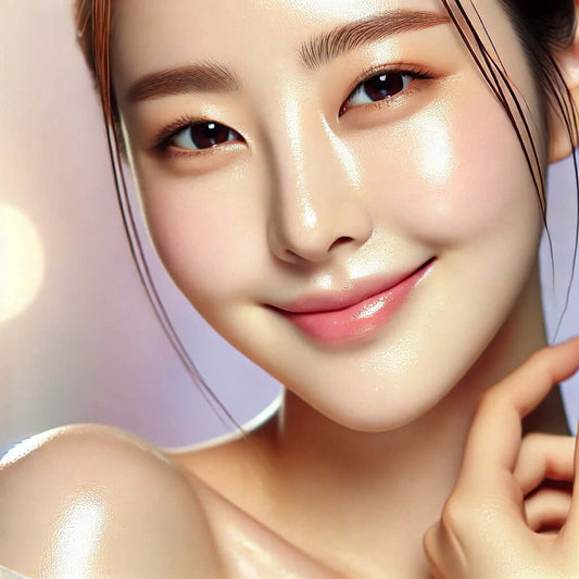 Smiling woman with radiant, glowing skin, showcasing the benefits of Korean beauty products.