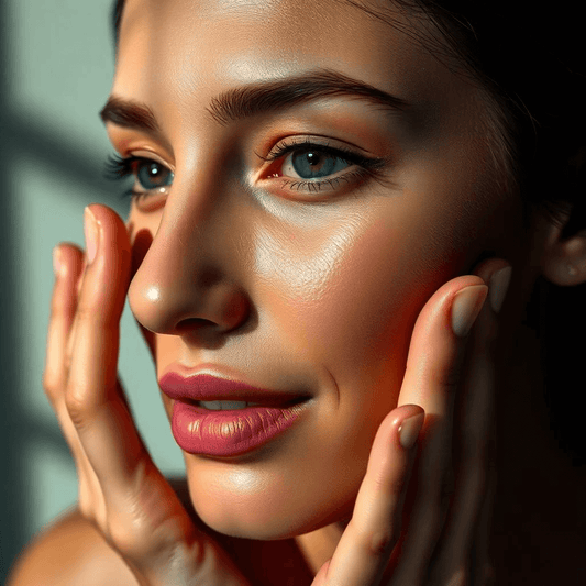Woman with glowing skin gently touching her face, showcasing healthy skincare and K-Beauty techniques.