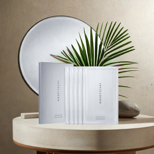Riman Incellderm Melting Sheet Mask displayed on a stylish table with decorative elements for a holiday skincare theme.