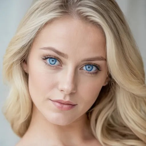 Close-up of a young woman with blonde hair and striking blue eyes, showcasing radiant skin and a natural look.
