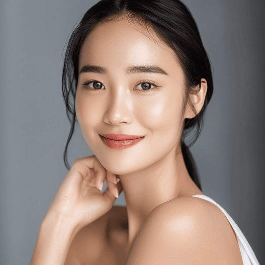 Radiant woman showcasing a dewy glass skin complexion, smiling with soft makeup and natural beauty.