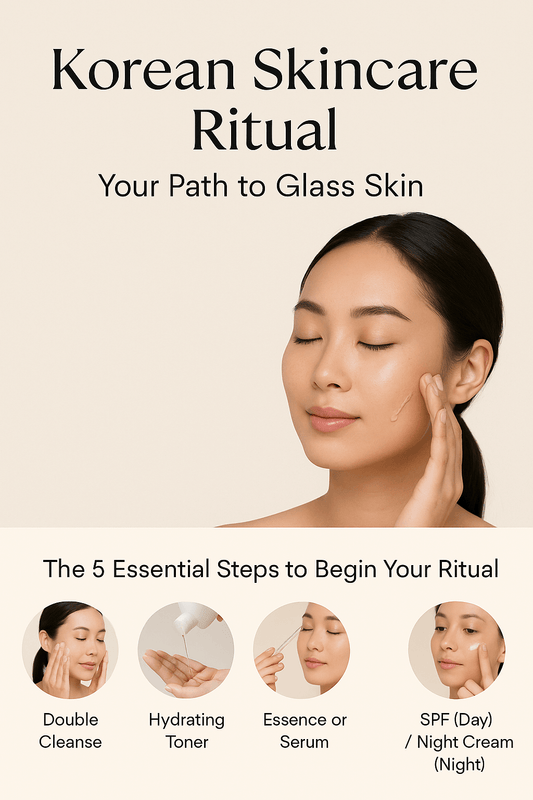 Korean skincare ritual infographic showcasing steps to achieve glass skin with essential products.