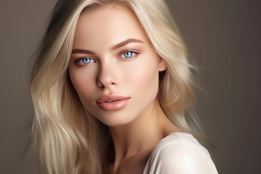 Close-up portrait of a woman with light blonde hair and blue eyes, showcasing natural beauty and flawless skin.