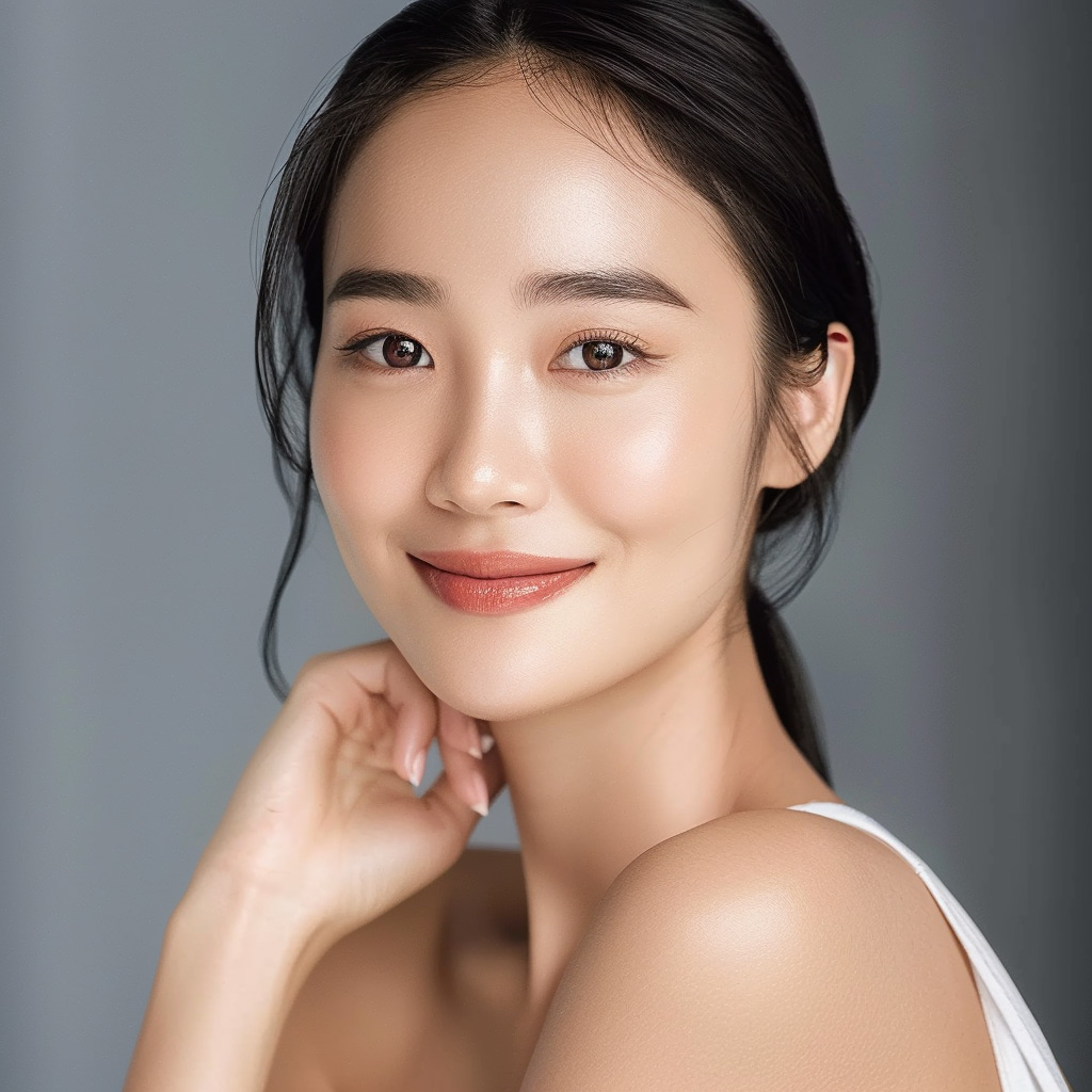 Smiling woman with glowing skin and natural makeup, representing K-Beauty skincare ideals.