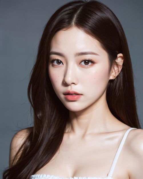 Close-up portrait of a woman with long hair and subtle makeup, showcasing glowing skin and a serene expression.