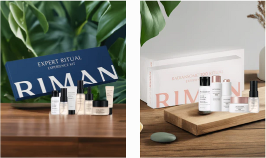 Two Korean skincare travel kits, 'Expert Ritual Experience Set' and 'Radiansome 100 Ritual', displayed on wooden surface.