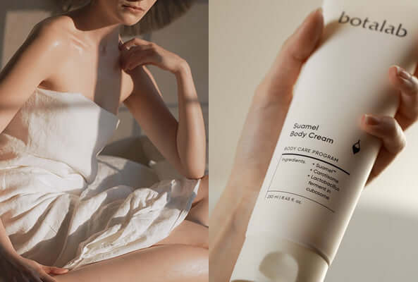 Woman applying Botalab Suamel Body Cream, showcasing luxurious Korean body care for smooth, hydrated skin.