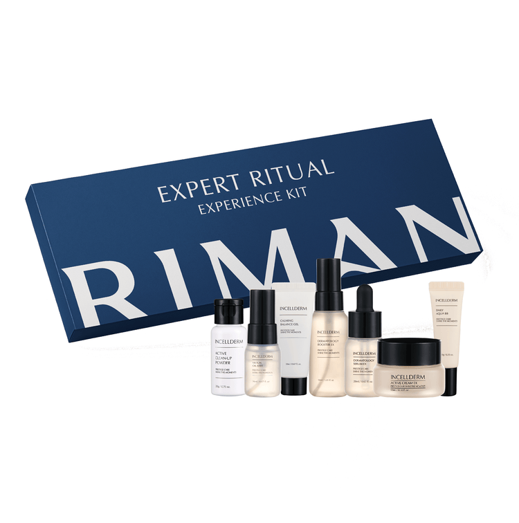 Riman Incellderm Expert Ritual Travel Kit with TSA-approved skincare products for glowing skin on-the-go.