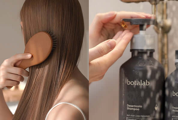 Woman using Botalab haircare products, including a brush and shampoo, for healthy, vibrant hair.
