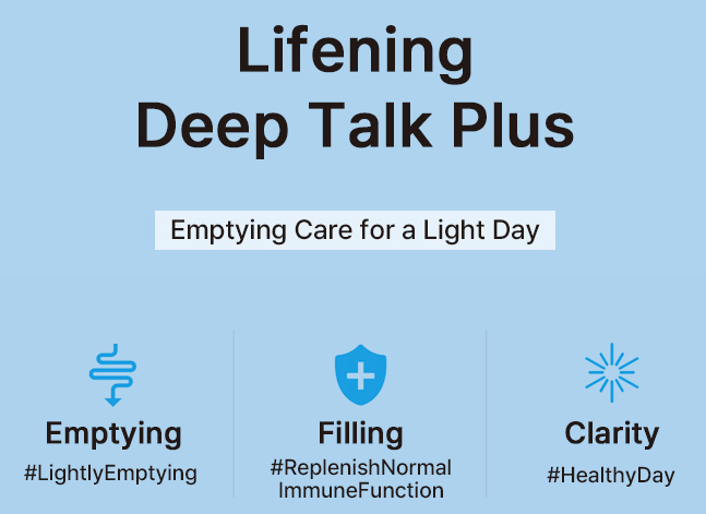 Lifening Deep Talk Plus product image highlighting benefits: Emptying, Filling, and Clarity for gut health.