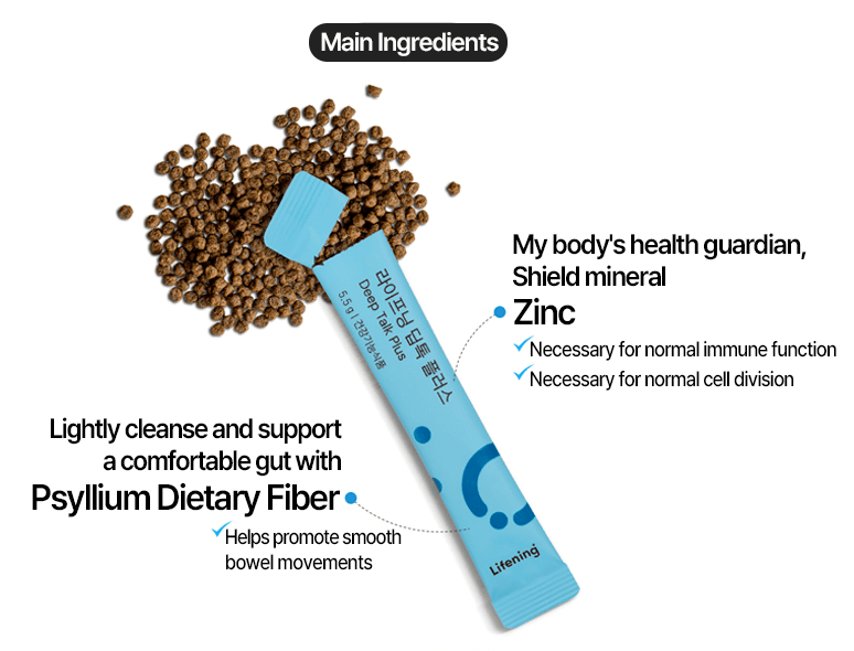 Lifening Deep Talk Plus sachet with Zinc and Psyllium Dietary Fiber for gut health and immune support.