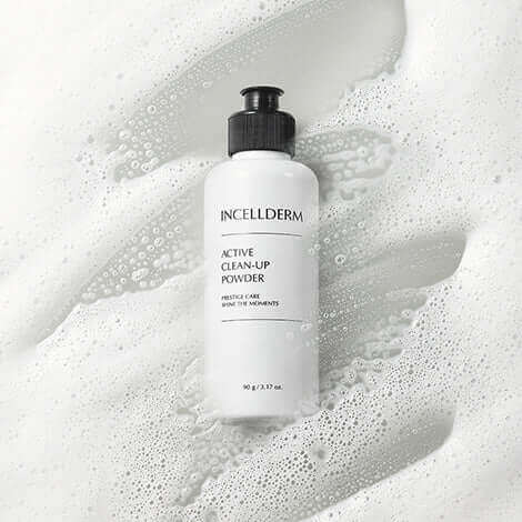 Incellderm Active Clean-Up Powder in a foamy backdrop for effective skincare solutions.