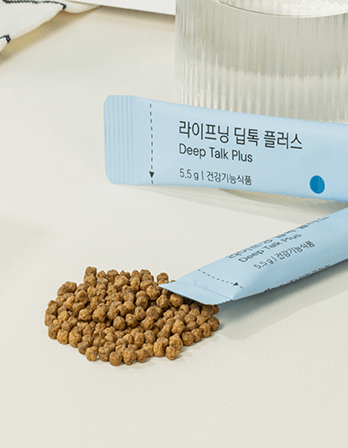 Lifening Deep Talk Plus sachets and herbal granules on a light surface, promoting gut health and detox benefits.