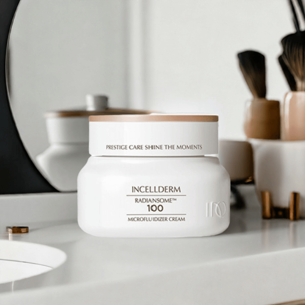 RADIANSOME 100 Microfluidizer Cream for improved skin elasticity and nourishment in a stylish bathroom setting.