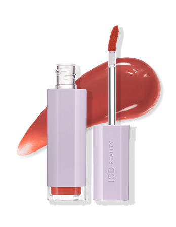 ICD Makeup Butter Lip Tint in semi-matte finish, featuring a vivid shade and applicator, with a swipe of rich color.