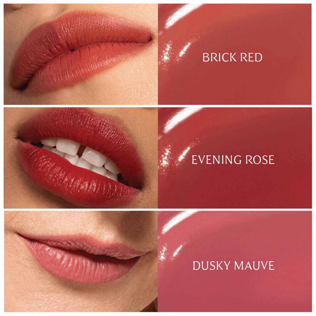 Swatches of ICD Makeup Butter Lip Tint shades: Brick Red, Evening Rose, and Dusky Mauve showcasing semi-matte finish.
