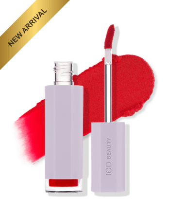 ICD Makeup Butter Lip Tint Velvet Matte with vibrant red color swatch, labeled as 'New Arrival'.