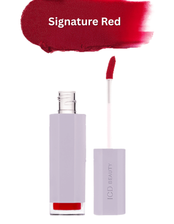 ICD Makeup Butter Lip Tint in Signature Red with applicator, showcasing vibrant matte color and sleek packaging.