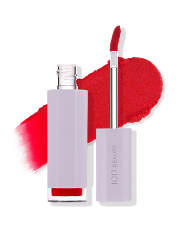 ICD Makeup Butter Lip Tint Velvet Matte in red, with a velvet swatch and applicator, showcasing long-lasting color.