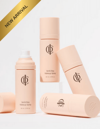 ICD Set & Stay Makeup Spray bottles with a 'New Arrival' badge, featuring ultra-fine mist for flawless makeup setting.