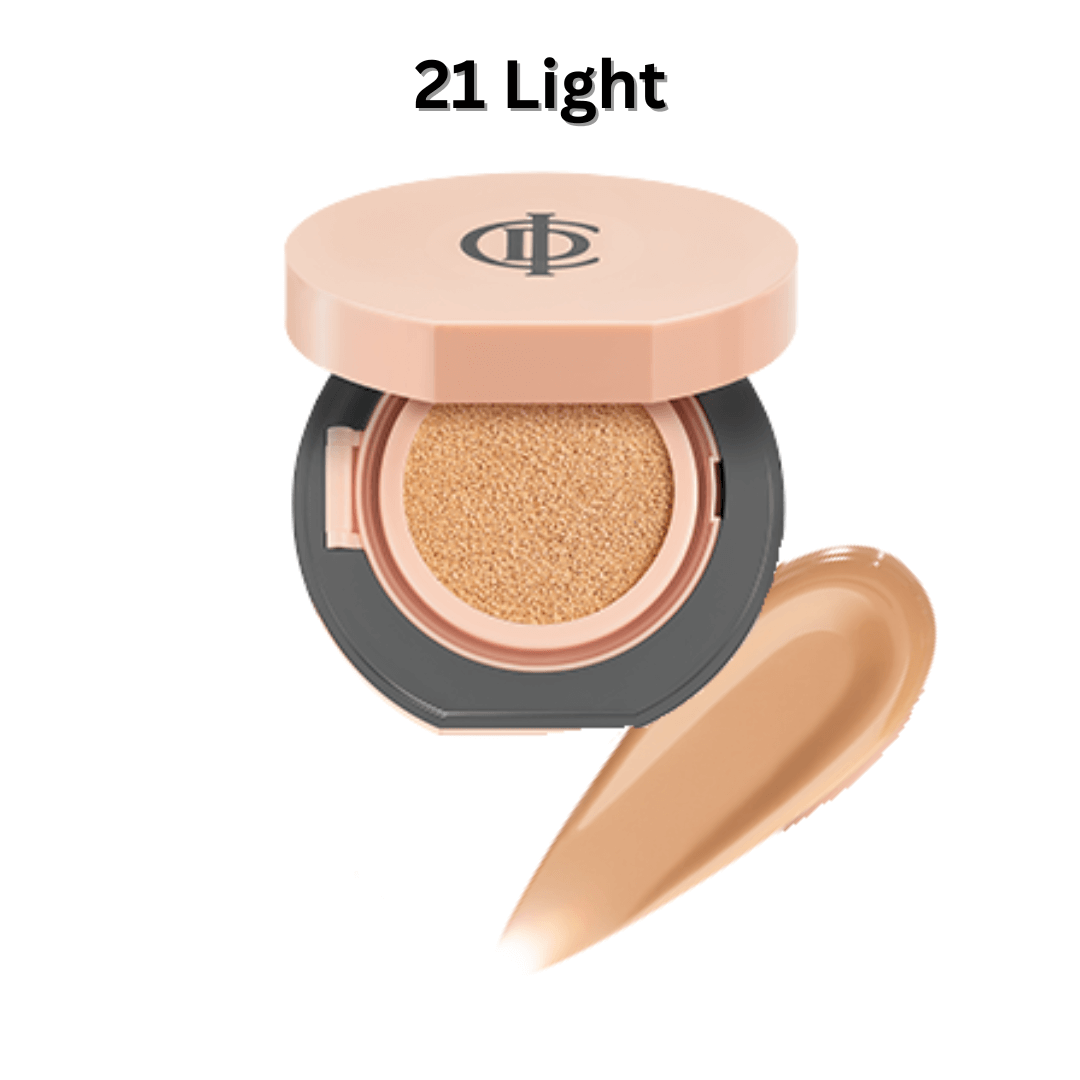 ICD Makeup Luminous Glow Cushion in 21 Light with creamy texture swatch for radiant, buildable coverage.