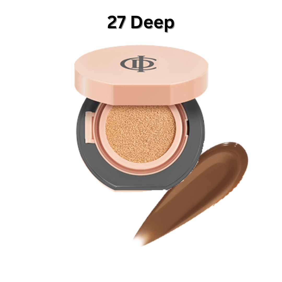 ICD Makeup Luminous Glow Cushion in shade 27 Deep with creamy swatch, offering buildable coverage and luminous finish.