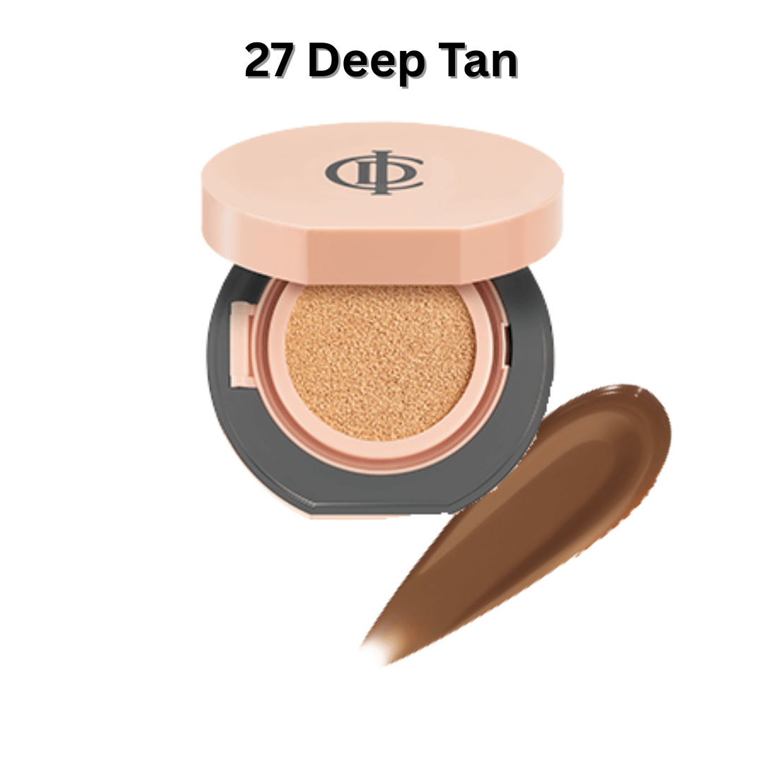 ICD Makeup Luminous Glow Cushion in 27 Deep Tan shade, showcasing a buildable, radiant finish for flawless skin.