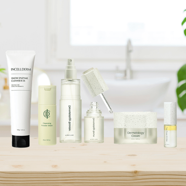 ICD Essential Set six-piece skincare bundle for cleansing, hydrating, and rejuvenating glowing skin.