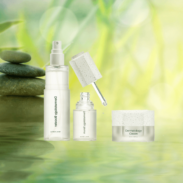 ICD Starter Set including Dermatology Booster and Cream for hydration and skin nourishment on a green background.