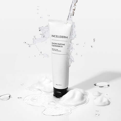 ICD Essential Morning Routine Set featuring Incellderm Snow Enzyme Cleanser EX with splashes of water and cleansing foam.