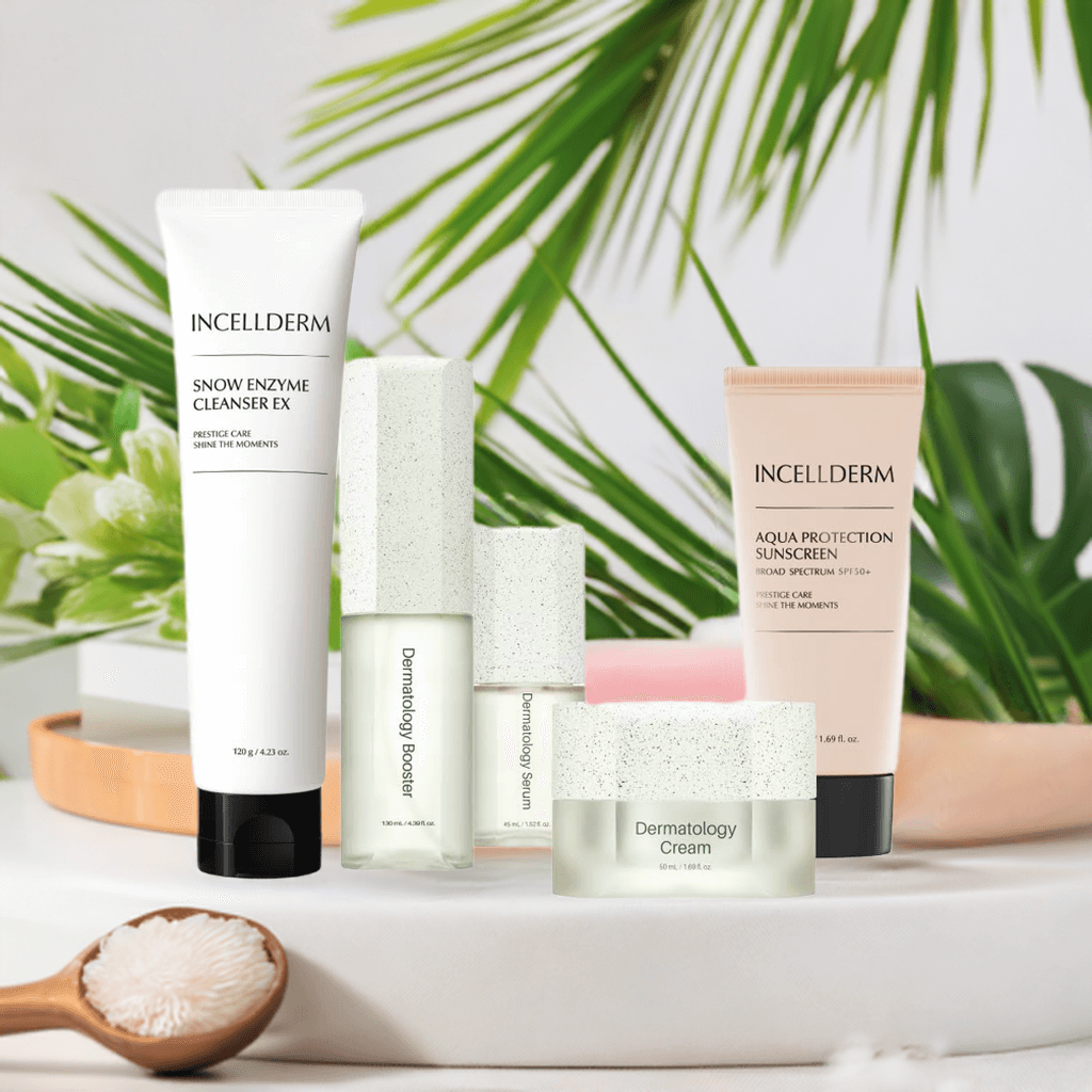 Riman ICD Essential Morning Routine Set with full skincare lineup displayed in elegant layout – Korean morning ritual