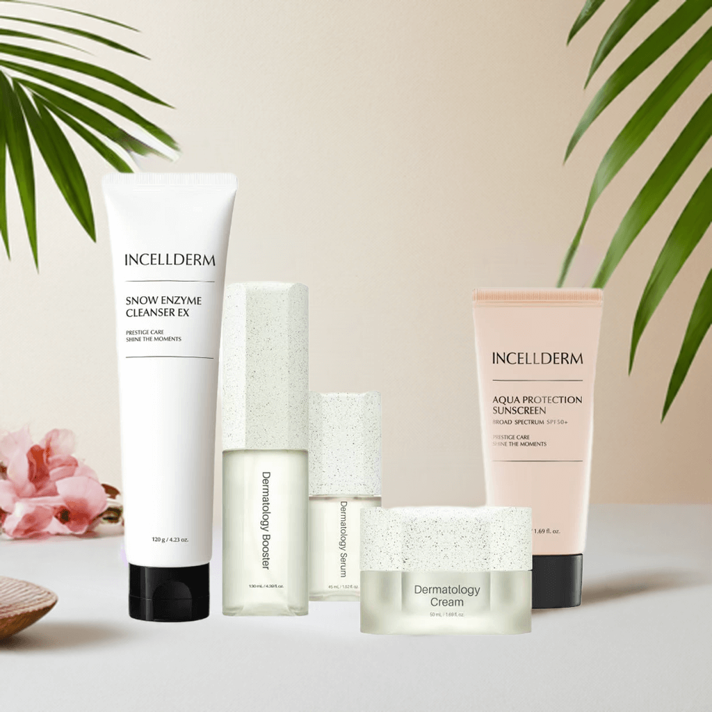 Top view of Riman Essential Morning Routine Set featuring cleanser, booster, serum, and cream – Korean skincare set