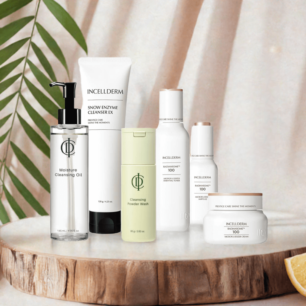Top view of Riman Radiansome 100 Advanced Ritual Set showing all components – toner, serum, cream, cleanser
