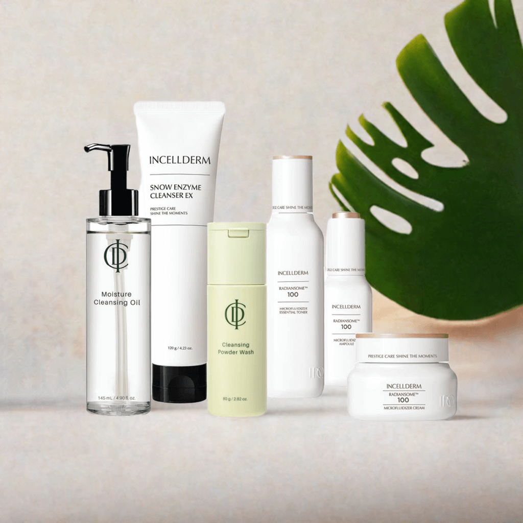 Product lineup from Riman Radiansome 100 Advanced Ritual Set – includes cleansing oil, snow enzyme cleanser, powder wash, toner, booster, ampoule, and cream