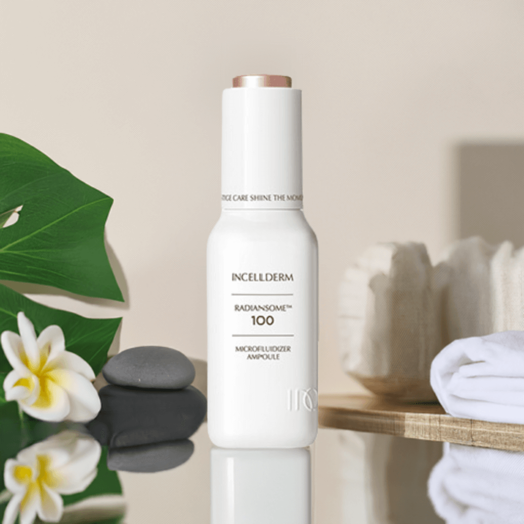RADIANSOME 100 Microfluidizer Ampoule bottle on a serene background with natural elements, emphasizing hydration and glow.