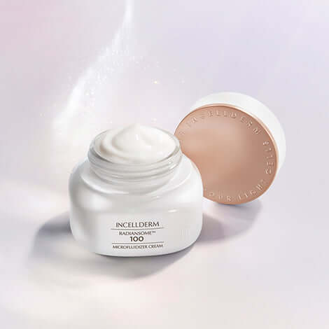 RADIANSOME 100 Microfluidizer Cream in white jar, enhancing skin elasticity and hydration with advanced technology.