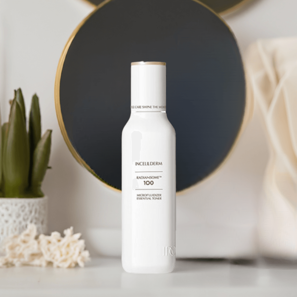 RADIANSOME 100 Microfluidizer Essential Toner bottle on a stylish vanity, enhancing skin absorption and hydration.