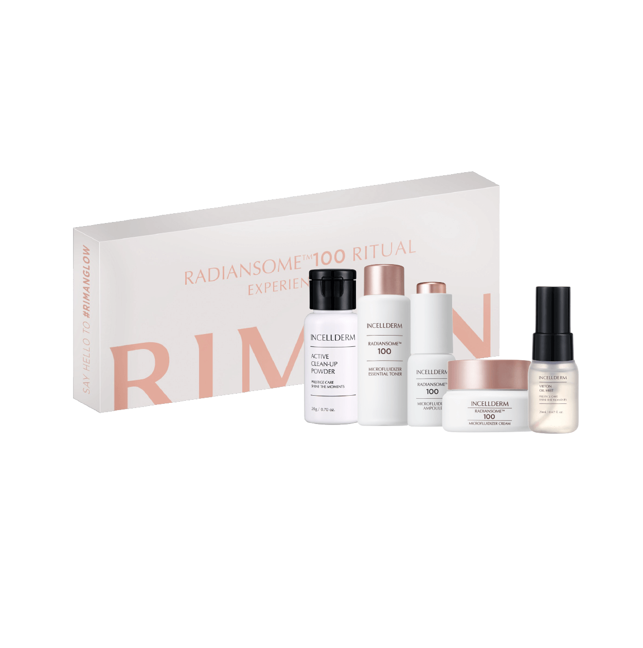 Radiansome 100 Ritual Experience Kit featuring 5 travel-size skincare products in an elegant gift box.