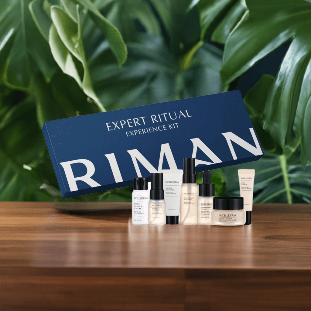 Incellderm Expert Ritual Experience Kit featuring travel-sized bestsellers in an elegant gift box on a wooden table.