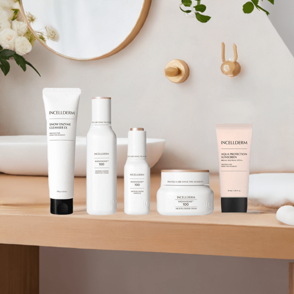 Incellderm skincare products displayed on a wooden vanity with floral accents, including cleanser, serum, and moisturizer.