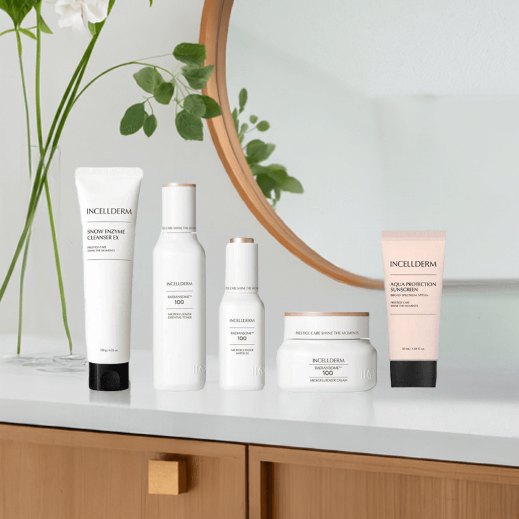 Inceldderm skincare products display on a wooden vanity, featuring cleanser, toner, serum, cream, and sunscreen.