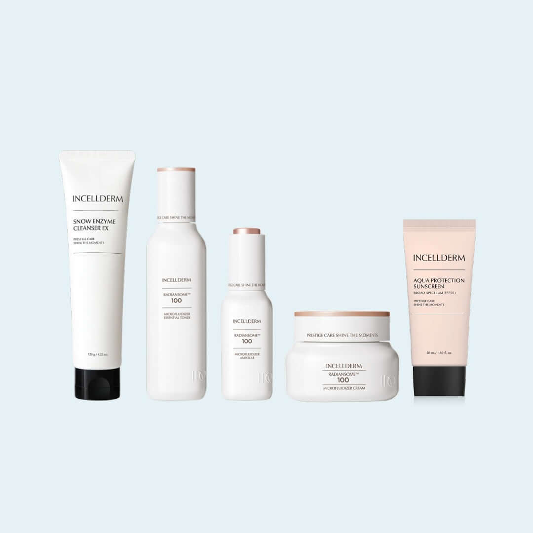 Incellderm skincare products including cleanser, toner, serum, moisturizer, and sunscreen for a complete skincare routine.