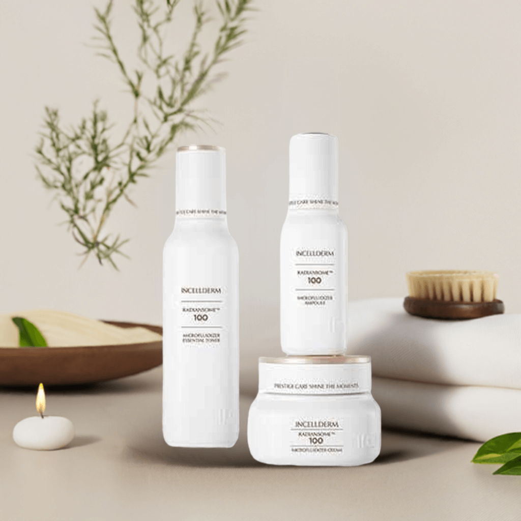 Radiansome Premium Set featuring essential toner, ampoule, and cream for moisturizing and brightening skin.