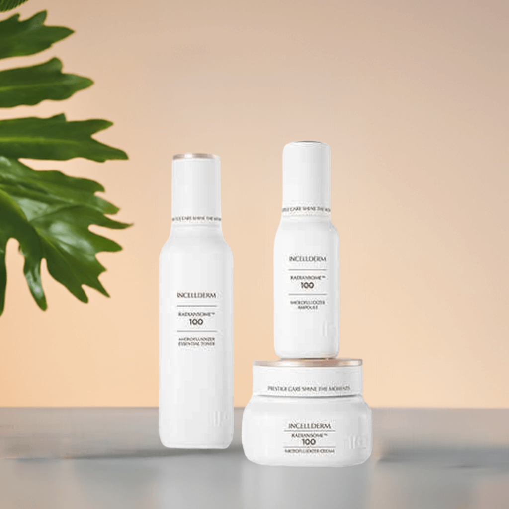Radiansome Premium Set featuring toner, ampoule, and cream on a soft background with tropical leaves.