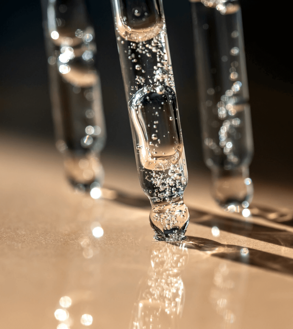 Close-up of serum ampoules showcasing KBeauty and Korean skincare for achieving glass skin with Riman ICD Skincare.
